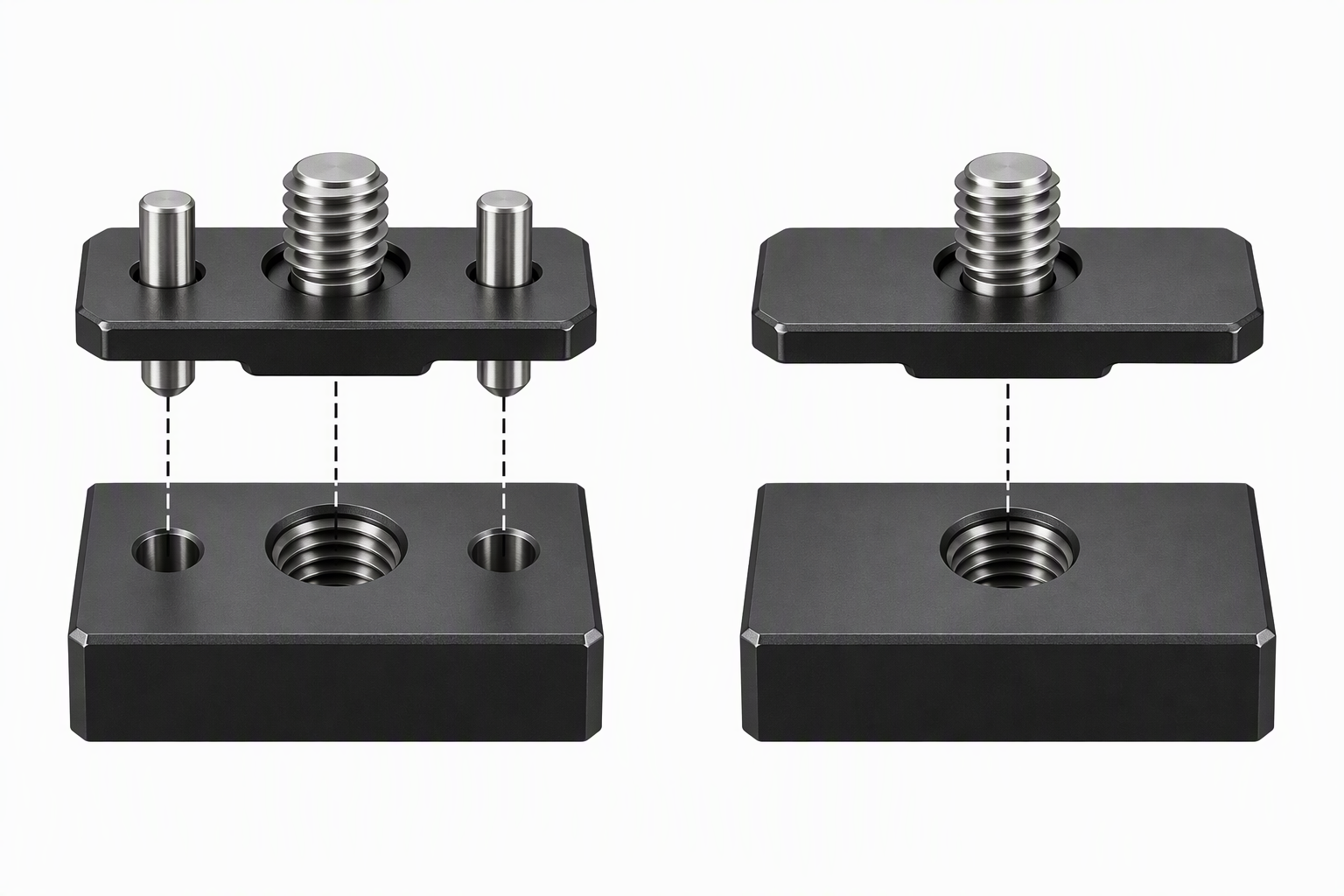 Diagram comparing ARRI locating pins aligned with matching holes and a plain threaded hole without locating-pin holes.