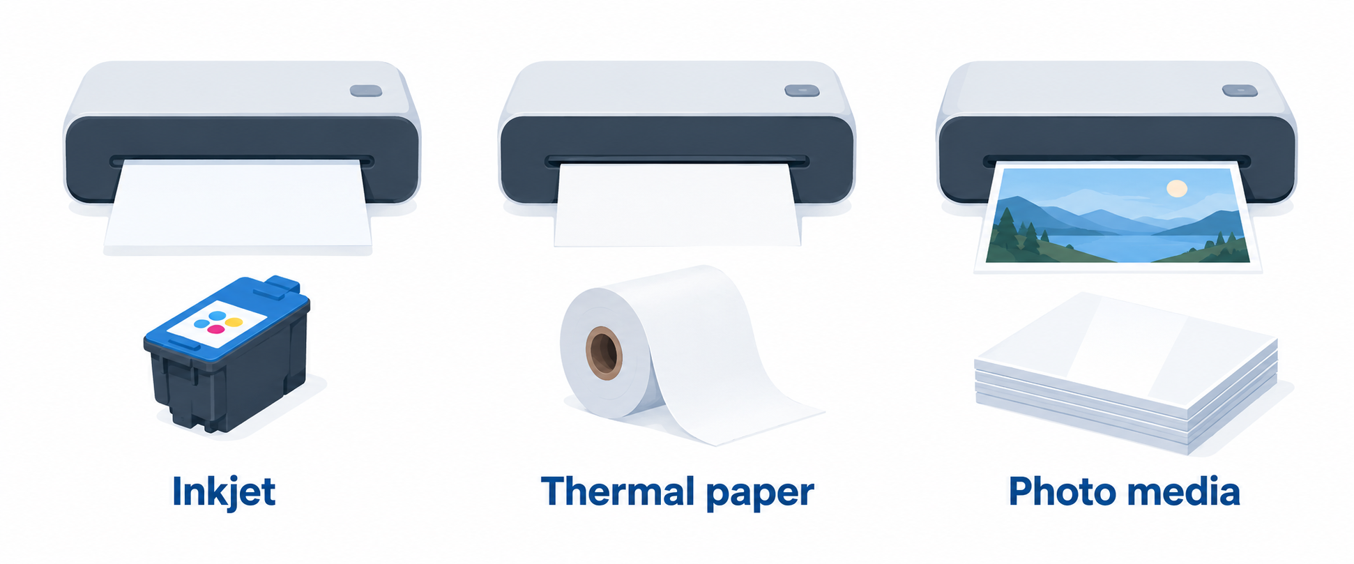 Diagram comparing inkjet, thermal-paper, and photo-media portable printer supplies.