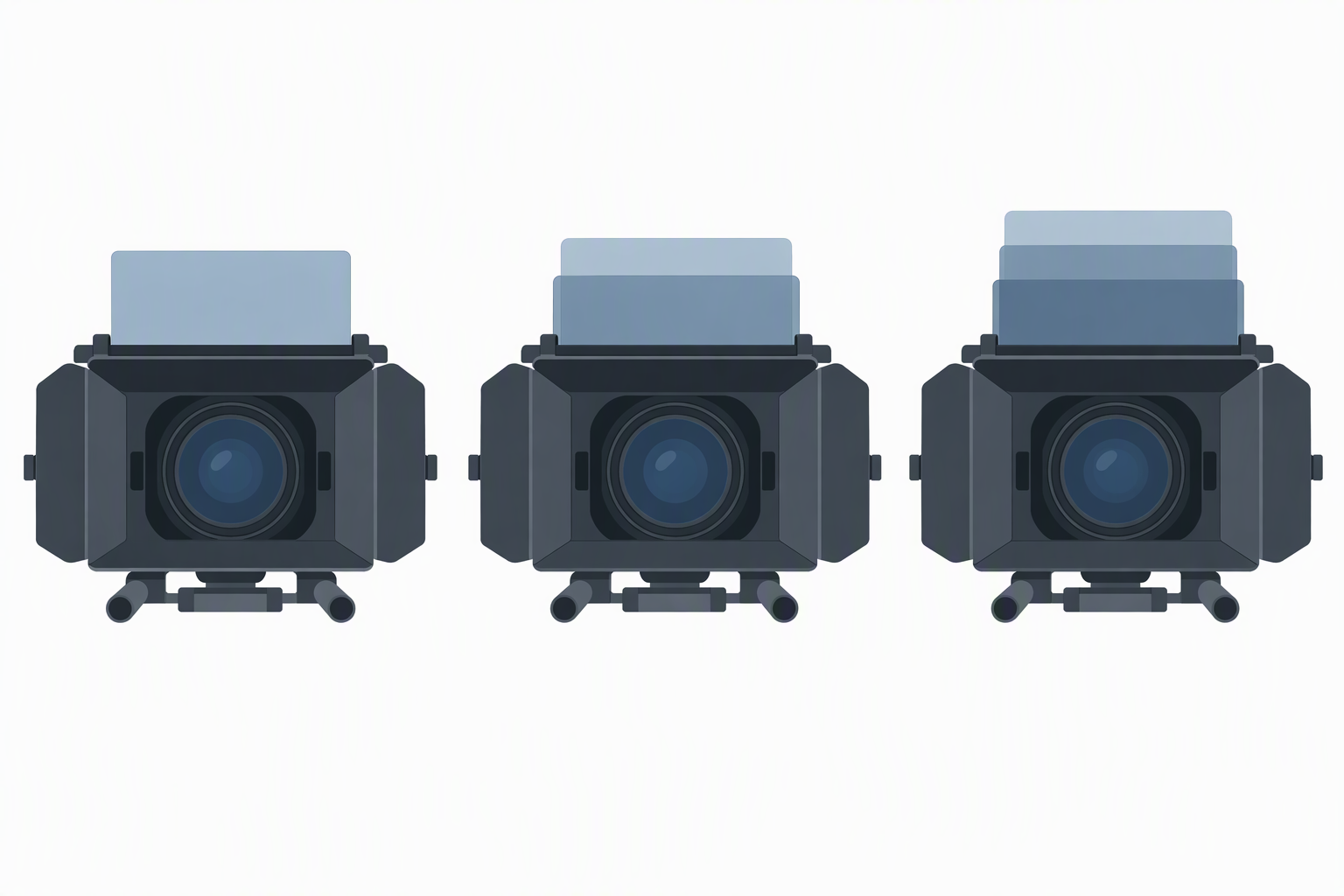 Diagram comparing matte boxes that hold one, two, and three rectangular filters.