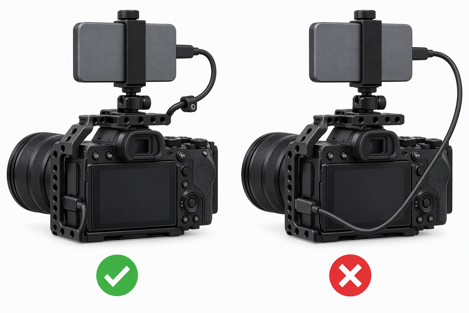 Diagram comparing a short USB-C cable secured to a camera cage with a loose cable path.