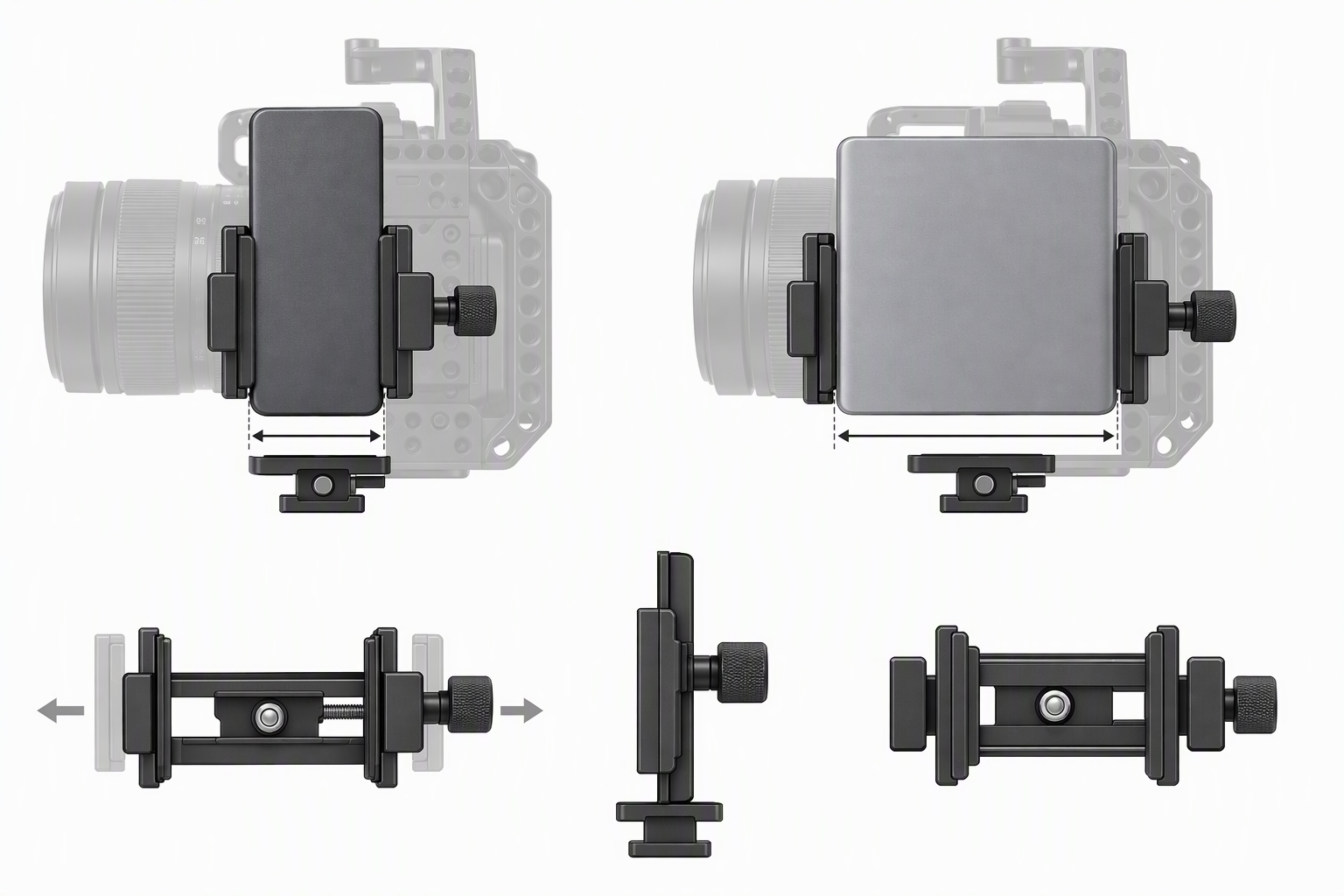 Diagram showing narrow and wide external SSDs seated in an adjustable holder on a camera cage.
