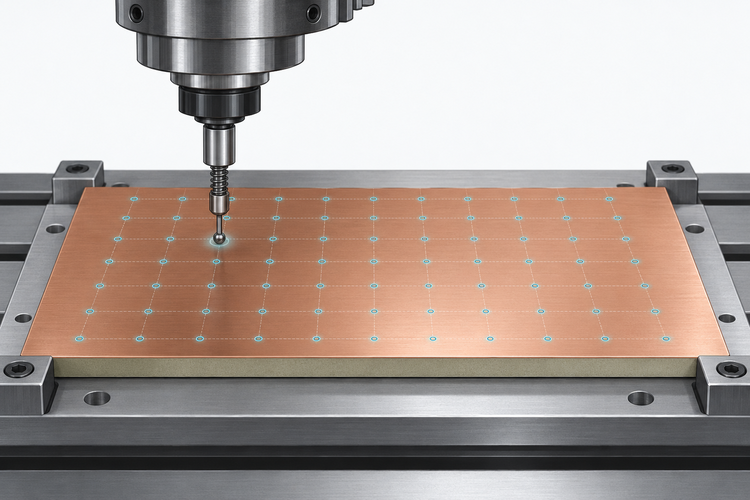 CNC probe touching a circuit-board blank over a grid of surface reference points.