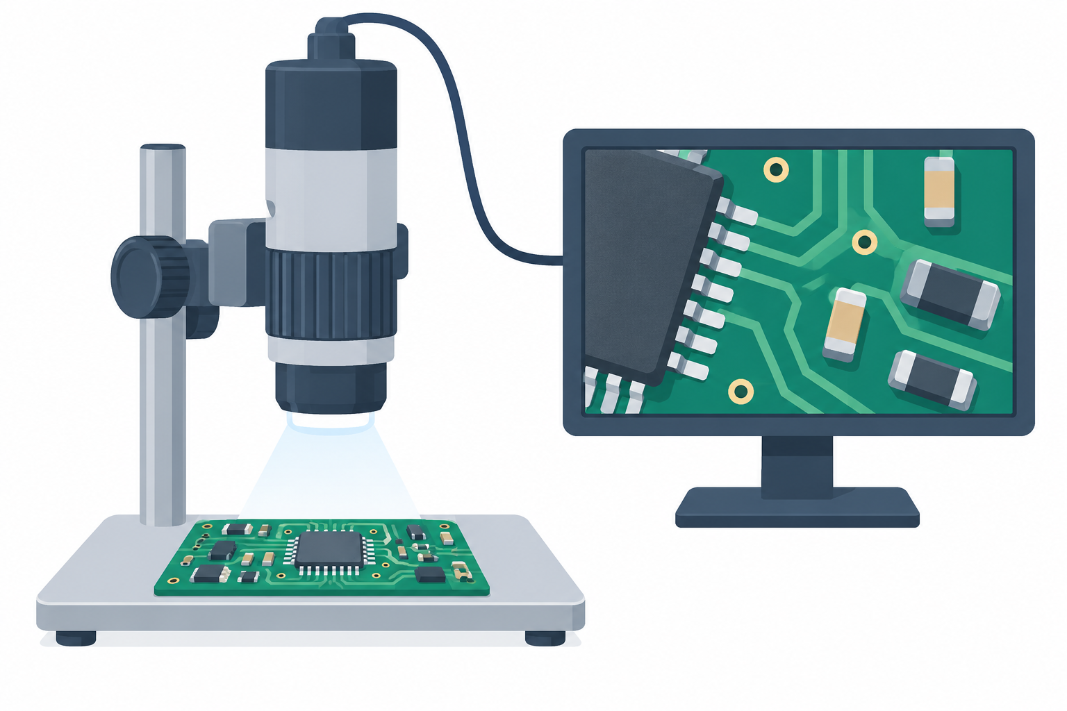 Diagram of a digital microscope feeding a magnified circuit view to a display.