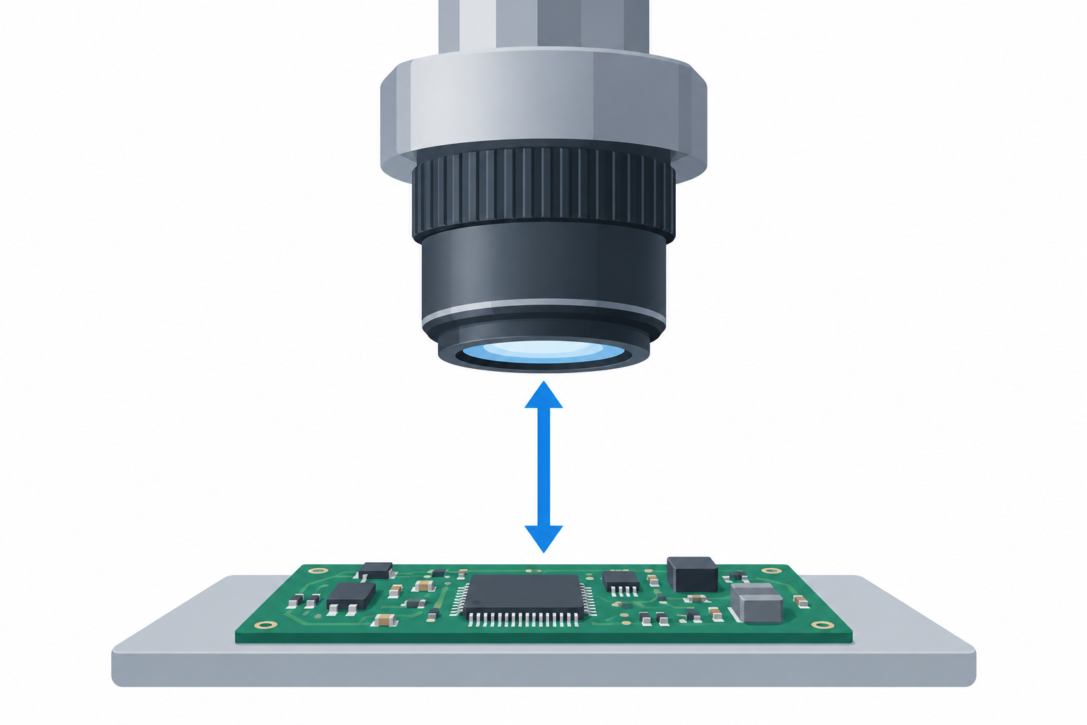 Diagram of a microscope lens above a circuit board with an adjustable working gap.