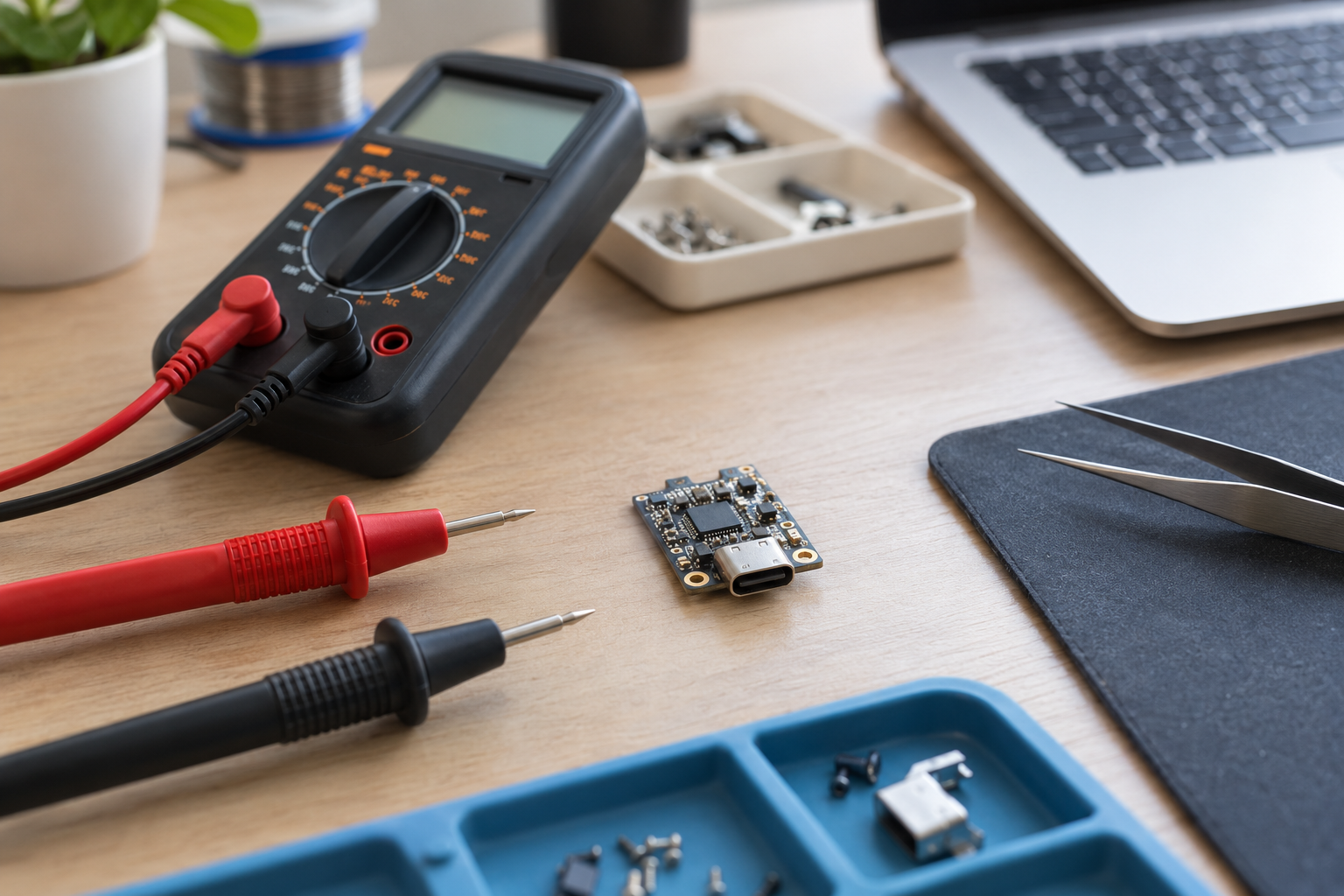 Generic digital multimeter and red and black probe leads beside a small USB-C circuit board on a repair desk.