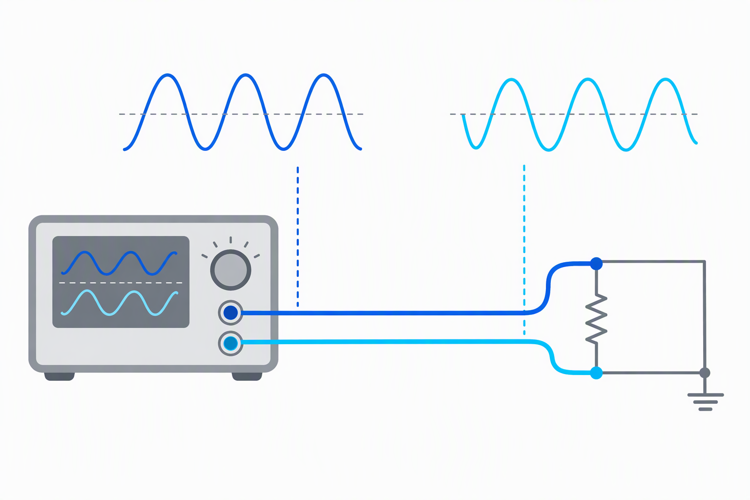 Diagram of two related waveform-generator outputs connected to a simple circuit.