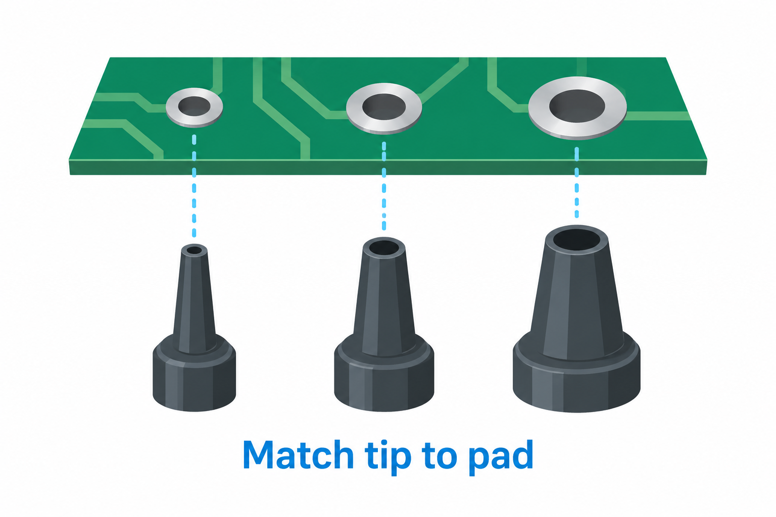 Diagram showing three suction-tip widths aligned with three circuit-board through-hole pads.