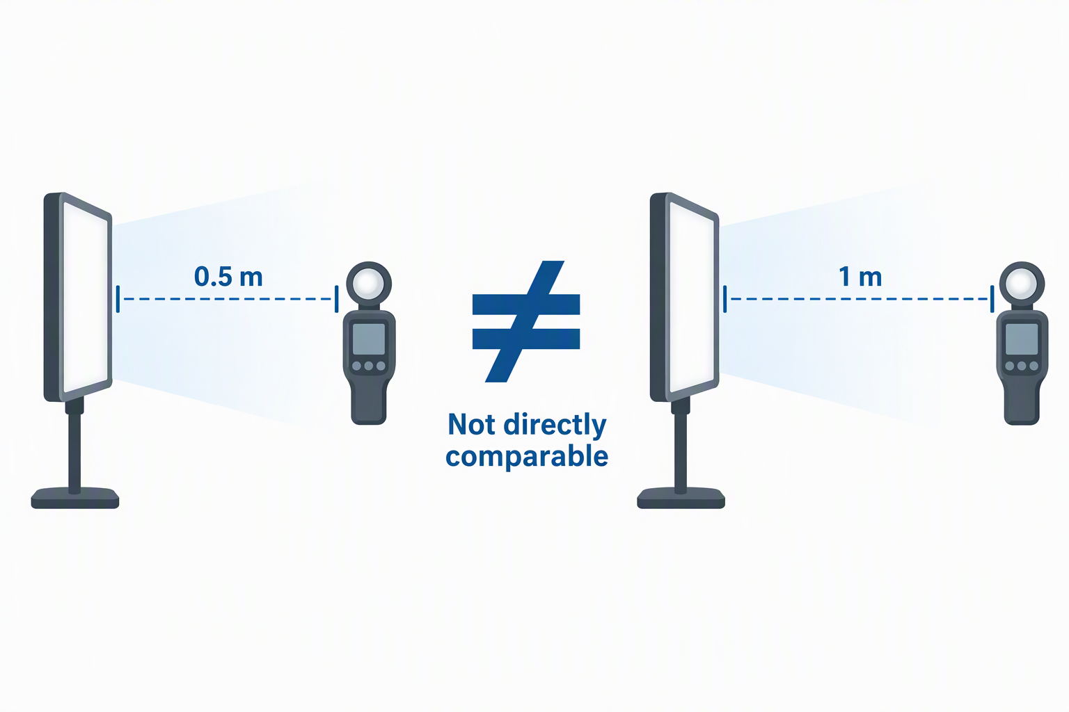 Two LED panels with light meters, one measured at 0.5 m and one at 1 m, marked as not directly comparable.