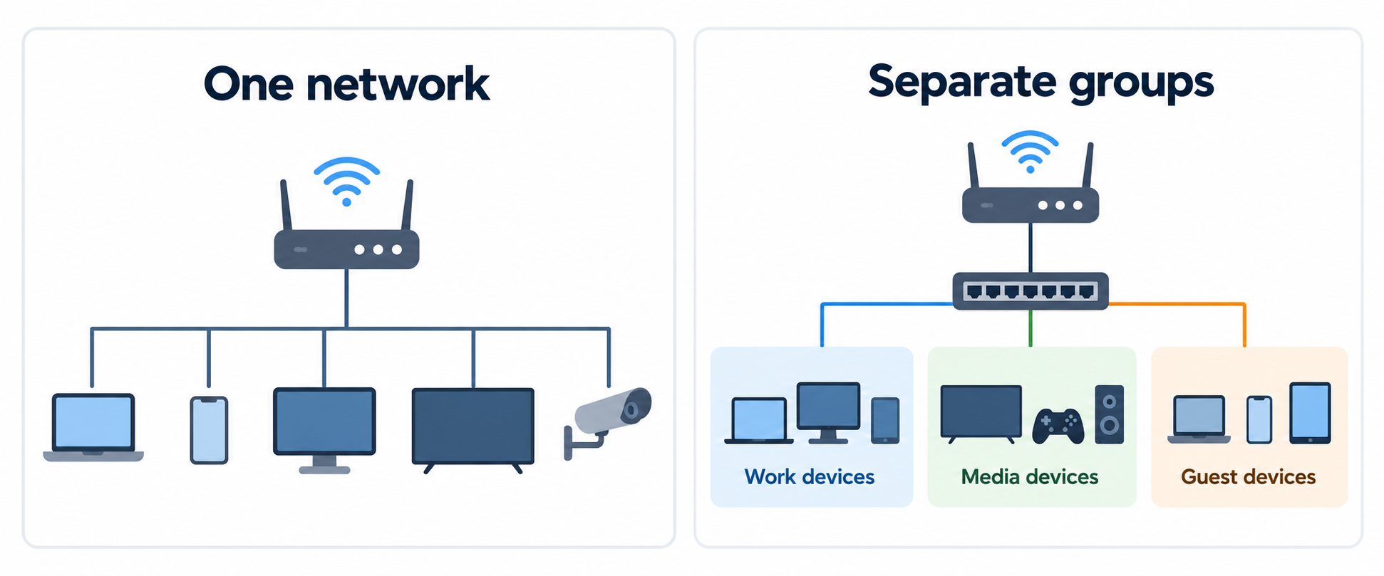 Diagram comparing one flat network with a switch that separates work, media, and guest device groups.