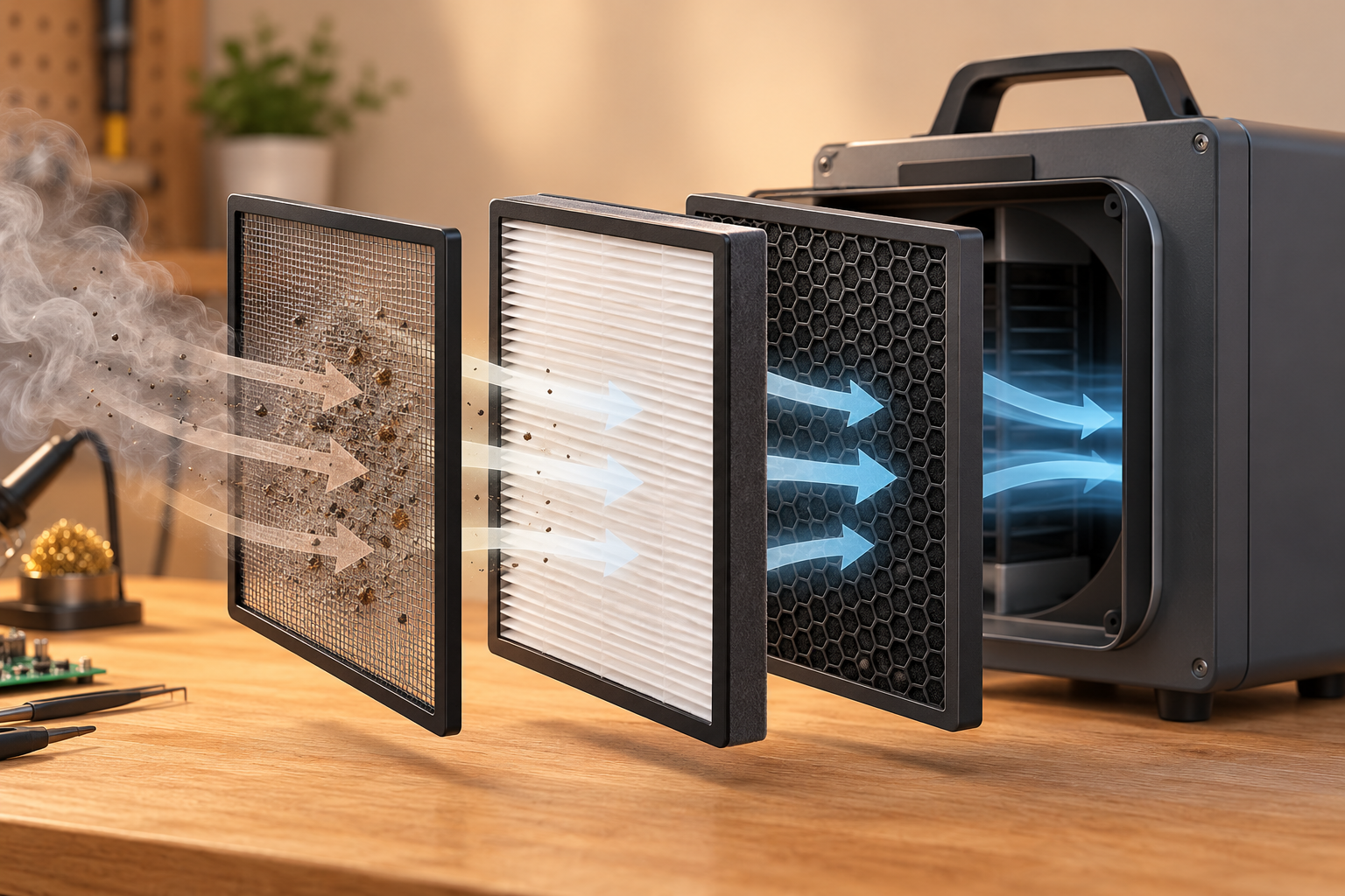 Coarse pre-filter, pleated particulate filter, and carbon filter shown in airflow order before an extractor housing