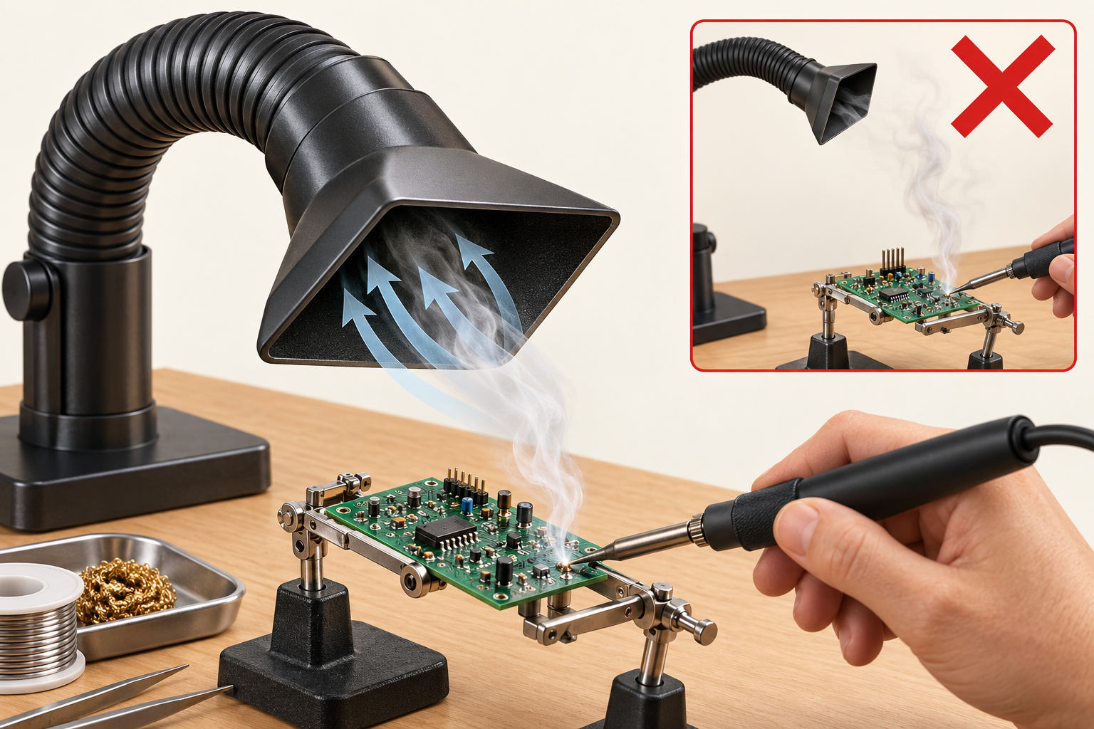 Flexible fume-extractor hood positioned close to a soldered circuit board with airflow entering the hood