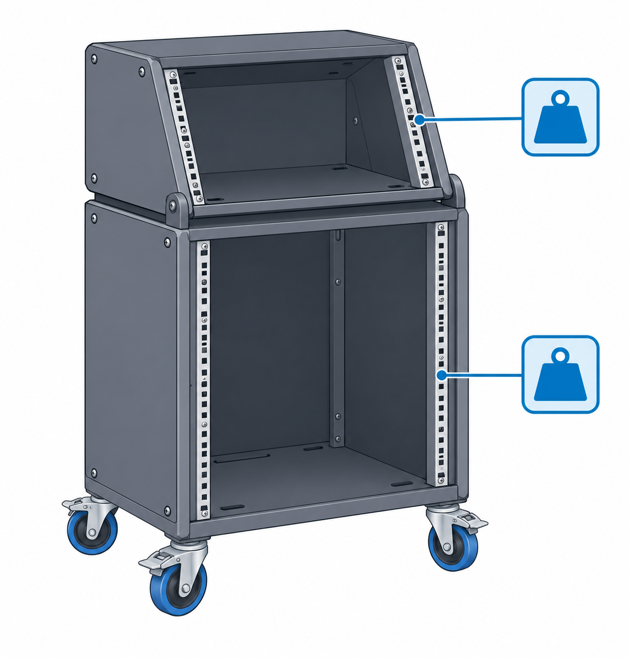 Diagram of a rolling rack with separate upper and lower equipment sections.