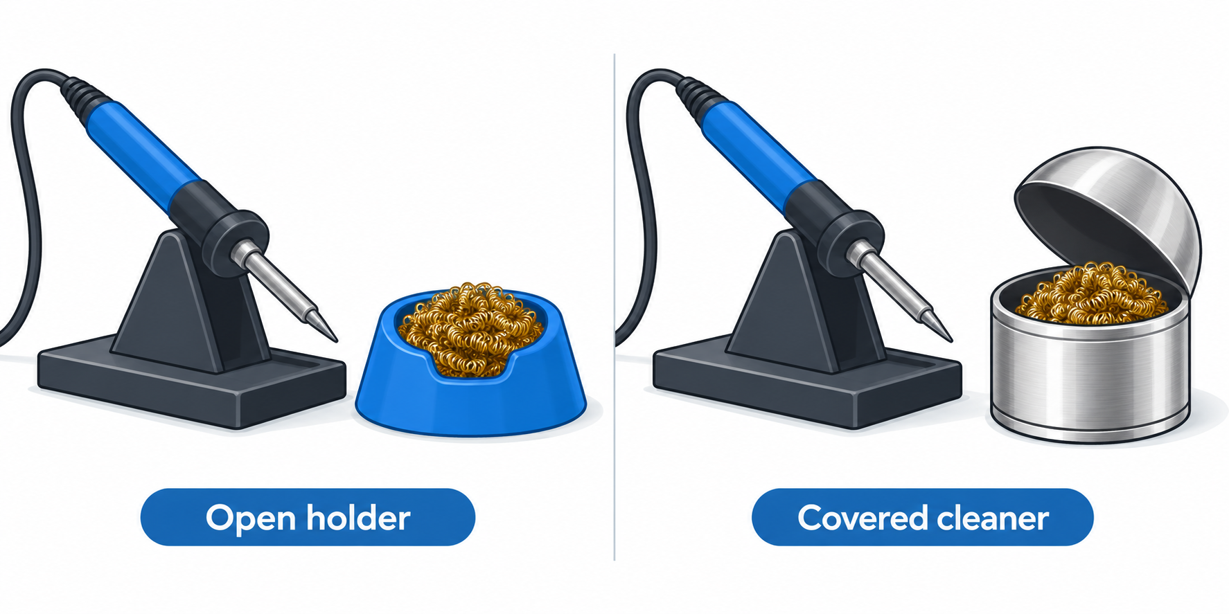 Diagram comparing an open brass-wool holder with a covered brass-wool cleaner beside soldering irons.