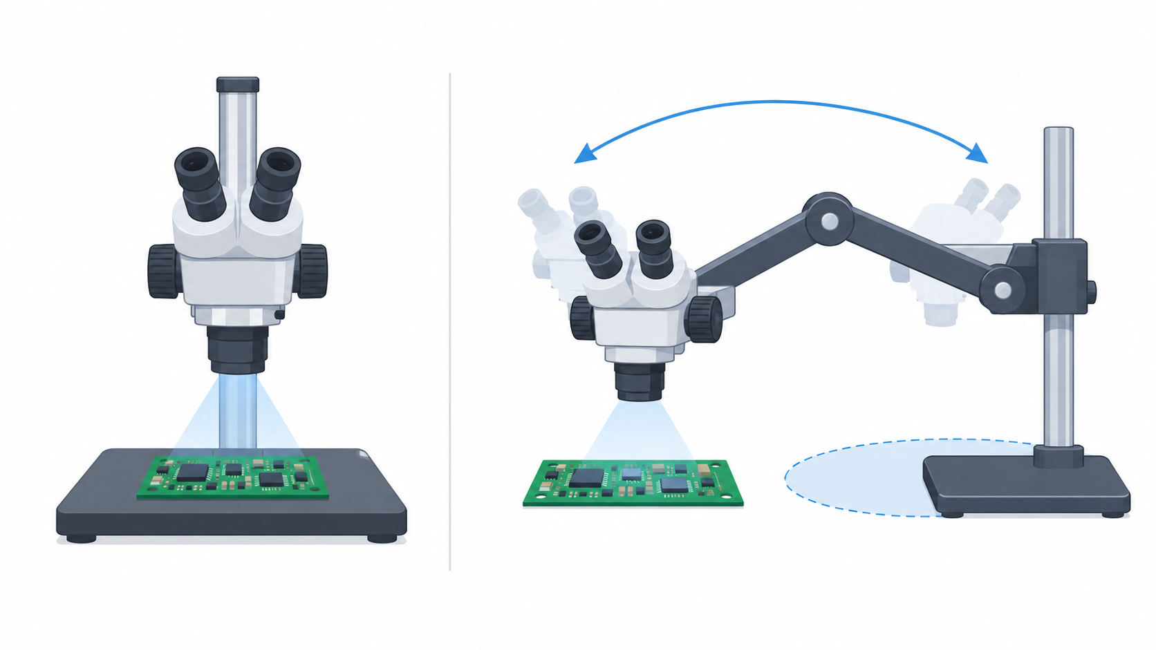 Diagram comparing a fixed microscope pillar stand with an articulating microscope arm over circuit boards.