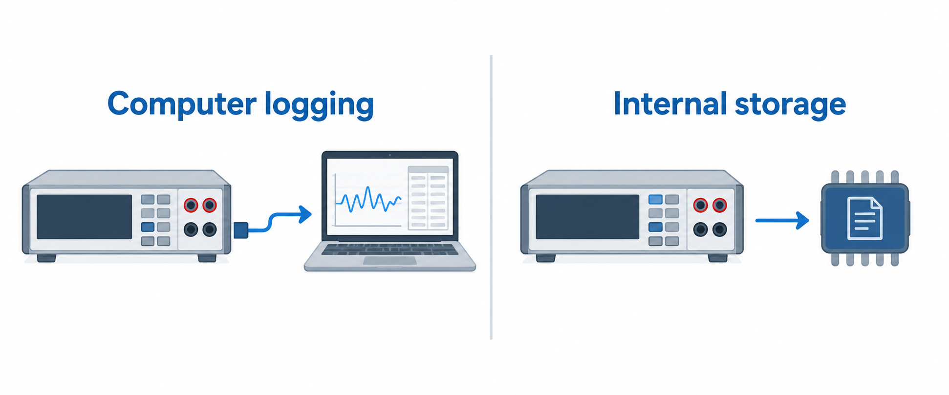 Diagram comparing a desktop meter that sends readings to a laptop with one that saves readings to internal storage.