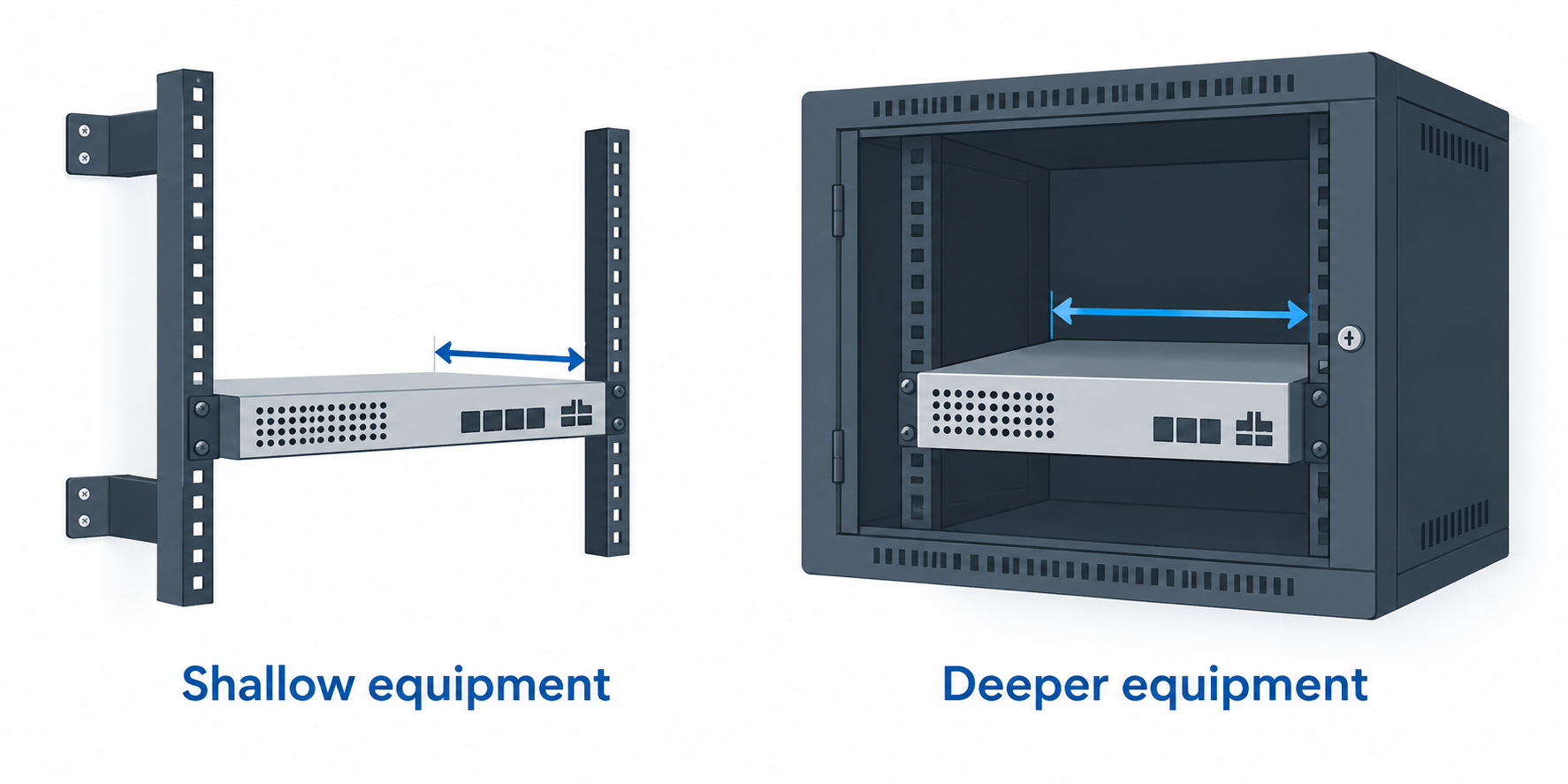 Diagram comparing shallow equipment on an open rack with deeper equipment inside an enclosed wall cabinet.