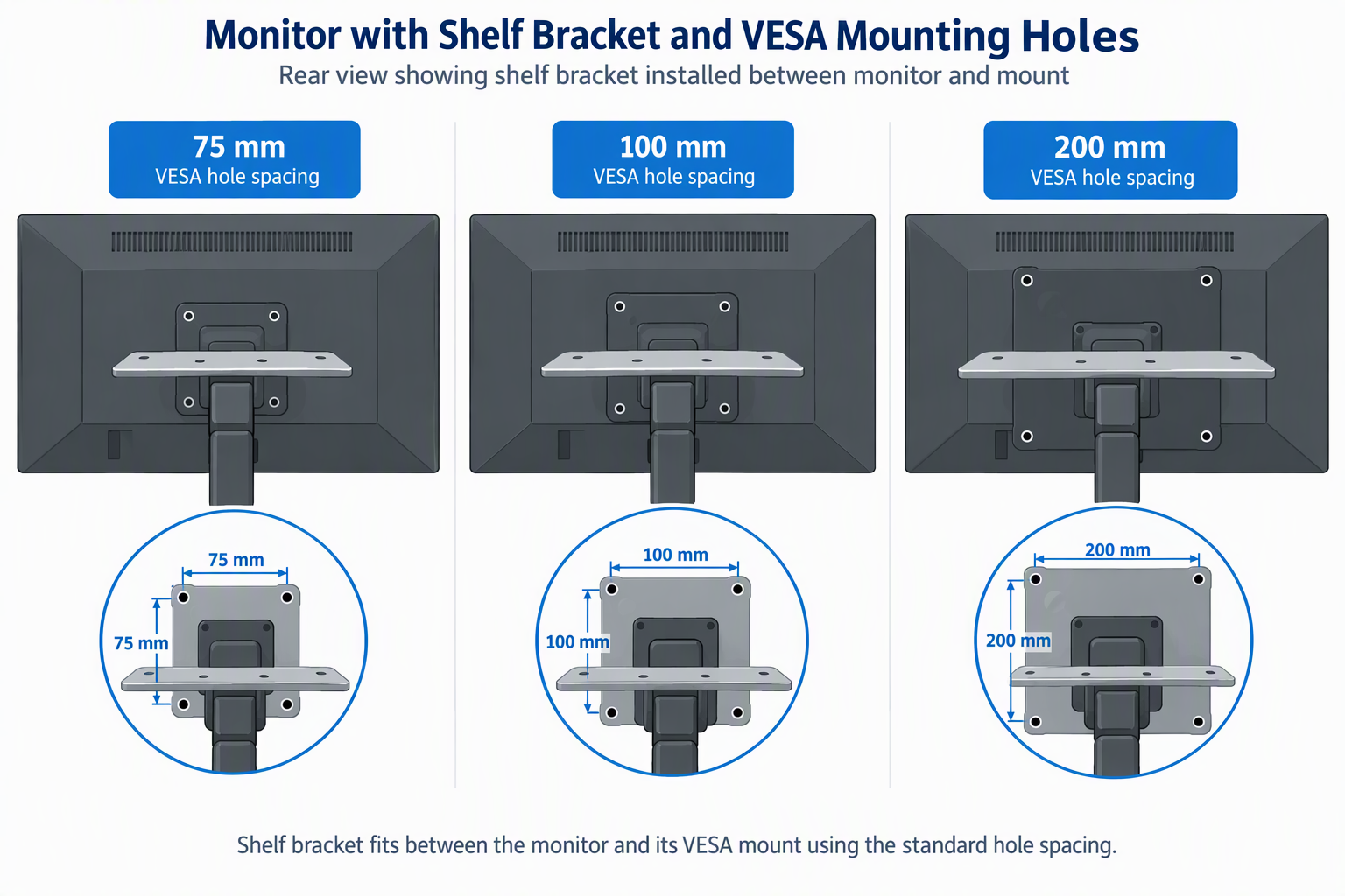 Diagram showing 75 mm, 100 mm, and 200 mm VESA hole patterns behind a monitor with a shelf bracket.