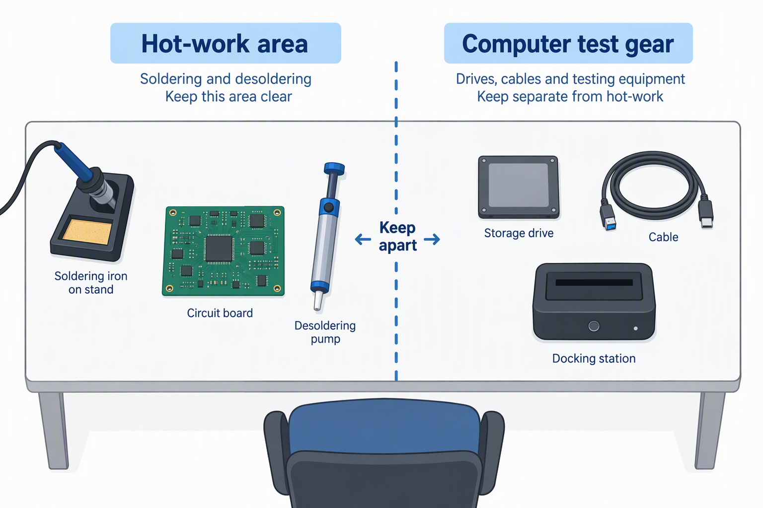 A desk split into a hot-work area with a soldering iron, circuit board and pump and a separate area with a storage drive, cable and dock.