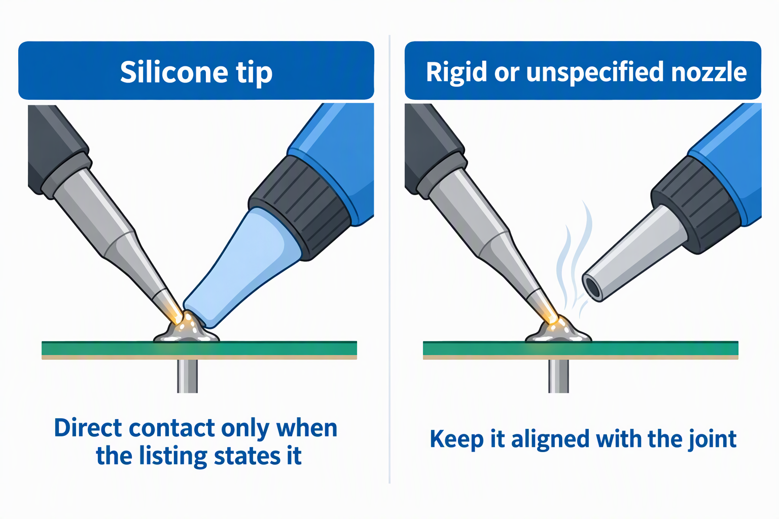 A silicone pump tip touching a soldering iron at a molten joint beside a rigid nozzle held near the joint without touching the iron.