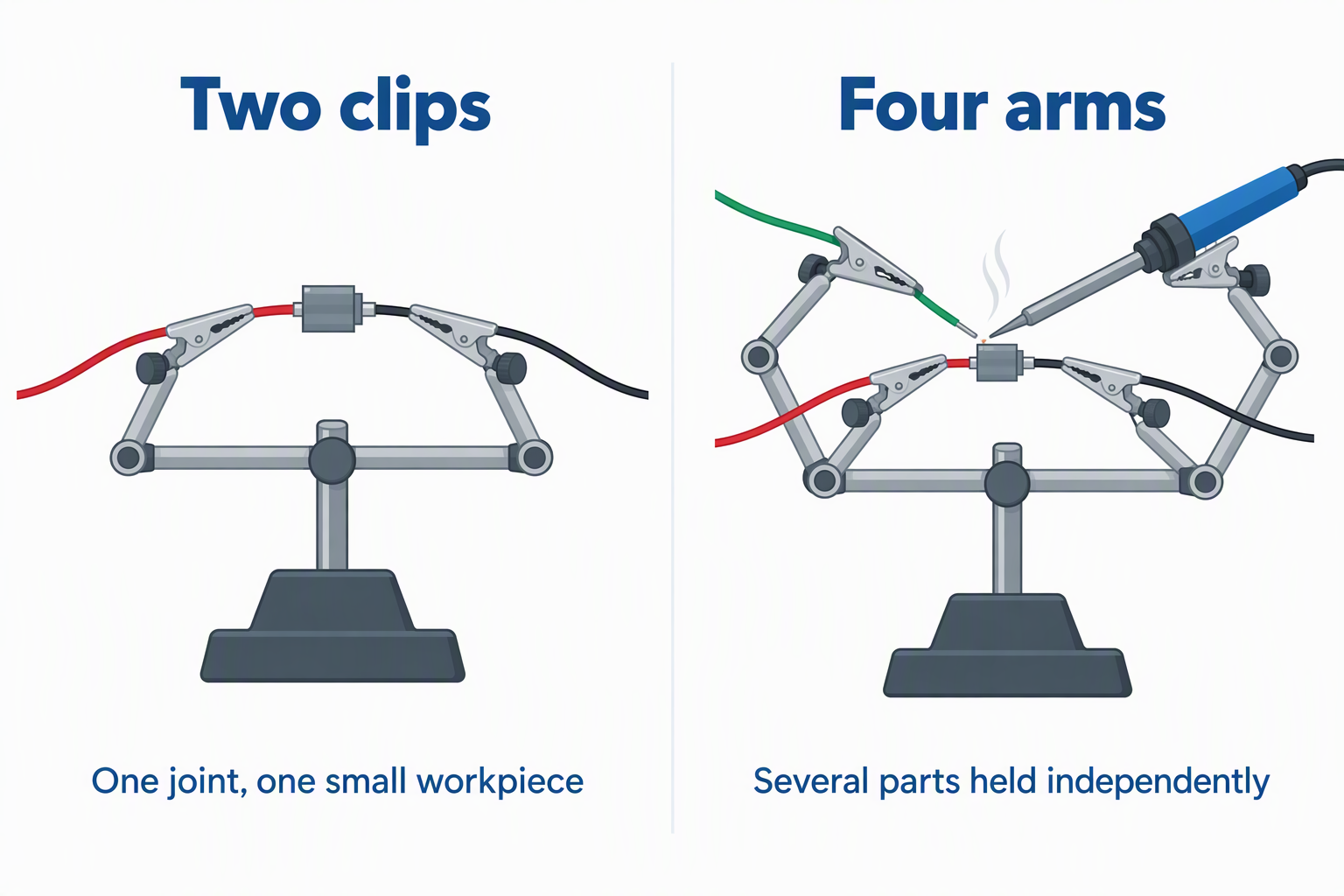 Two helping-hands stands side by side, one with two clips holding a wire to a connector and one with four arms holding several leads and a tool.