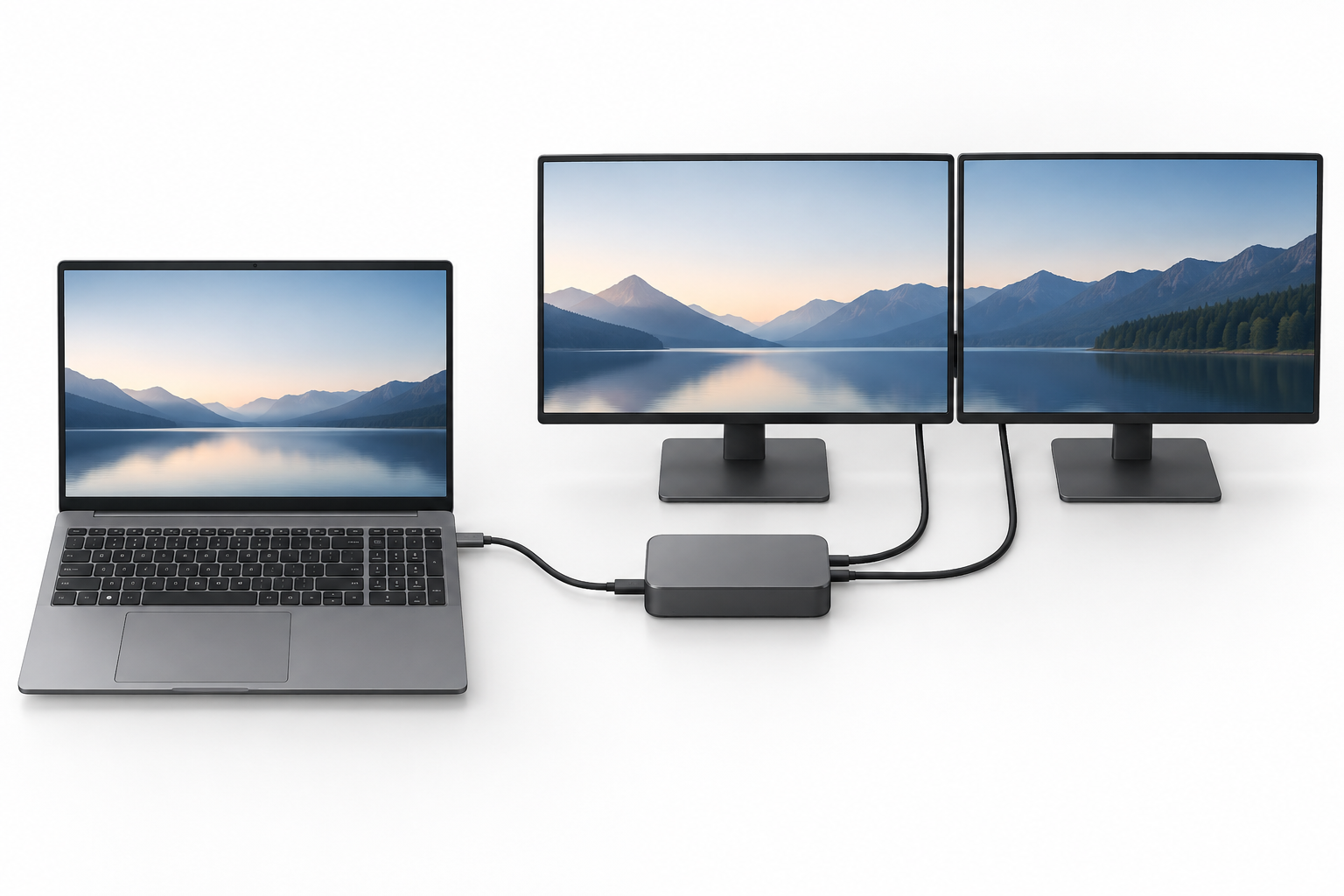 Unbranded laptop with a physical numeric keypad connected by one USB-C cable to a compact dock and two external monitors.