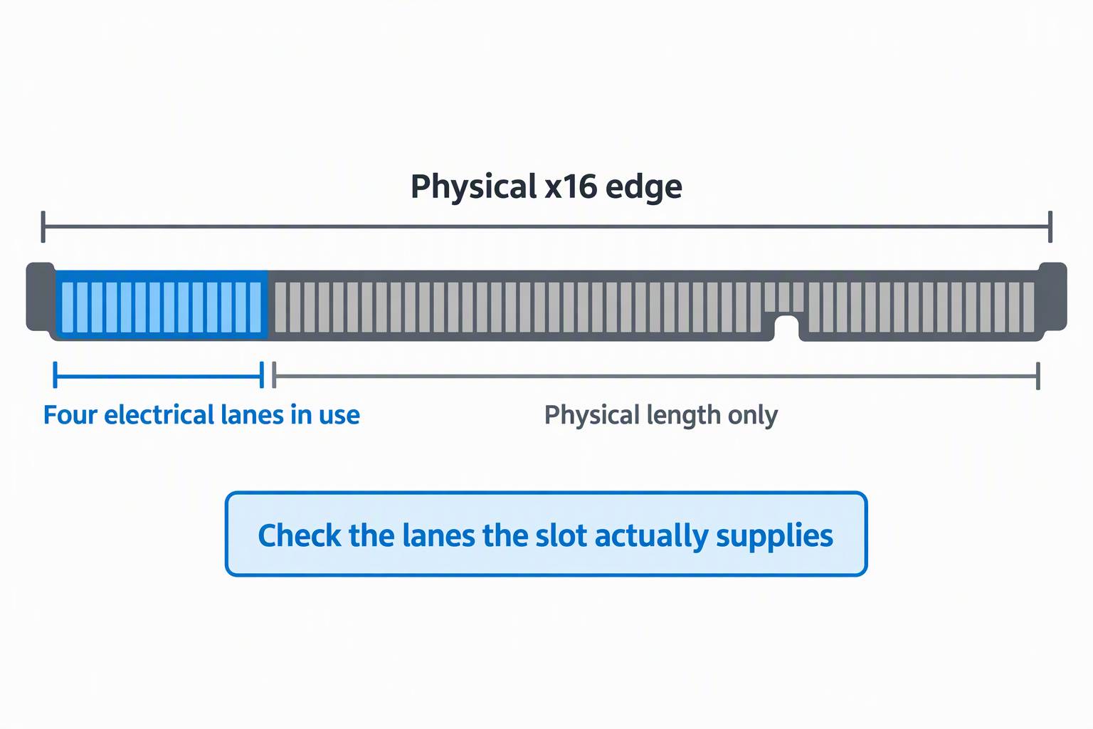 A long x16 card edge has only its first short portion highlighted as four electrical lanes in use, and the rest labelled physical length only.