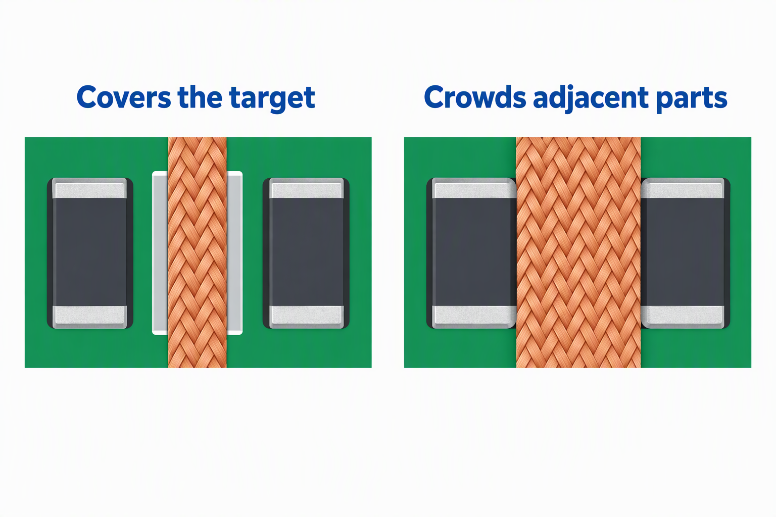 Two circuit board views, one with a braid strip matching the pad width and one with a wider strip overlapping the neighboring components.