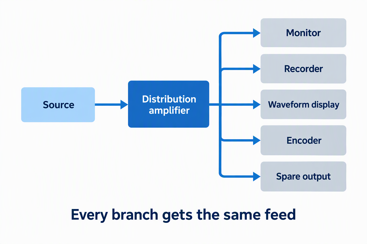 One source feeding a distribution amplifier that sends the same feed to a monitor, recorder, waveform display, encoder and spare output.