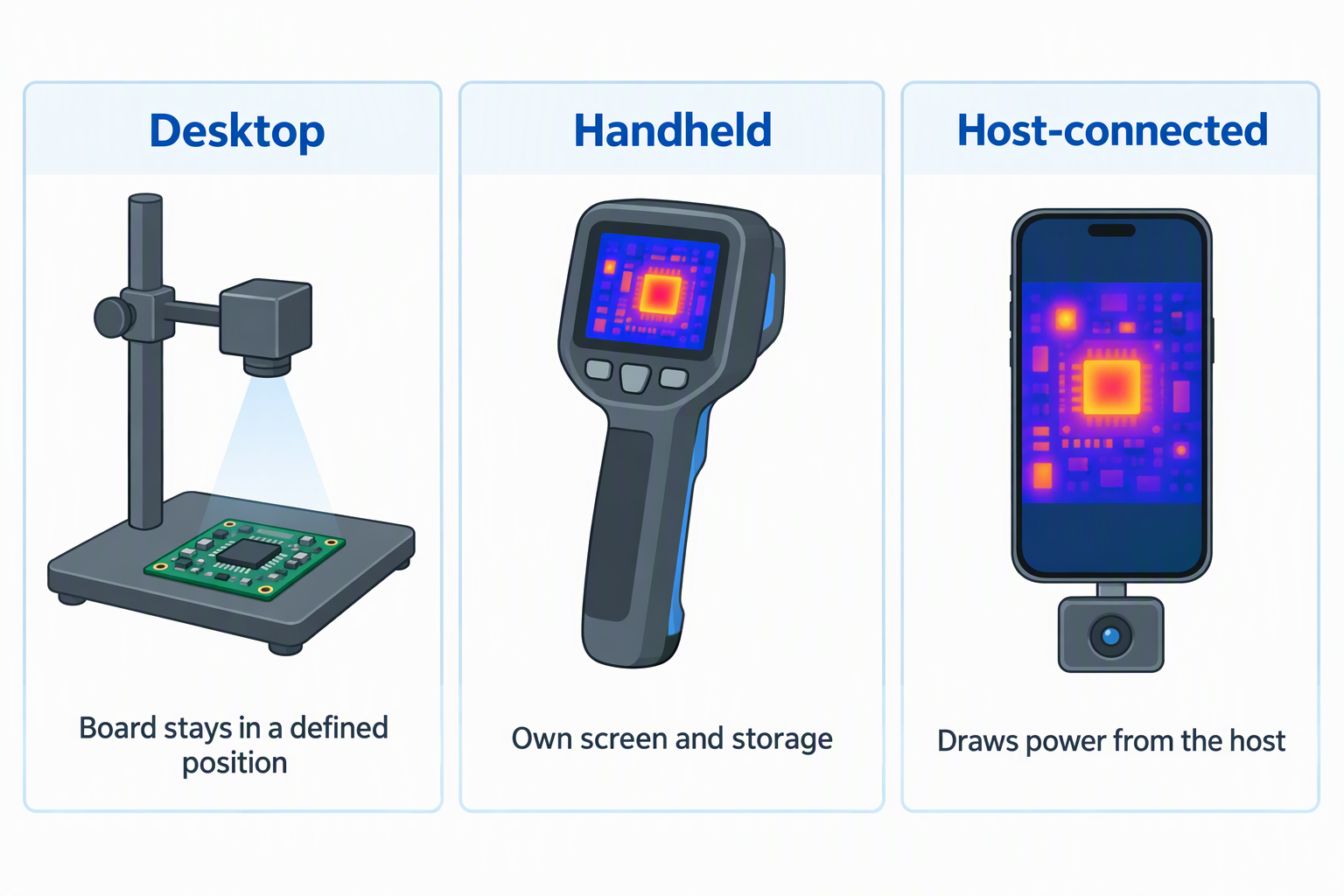 Three thermal camera styles: a desktop stand over a circuit board, a handheld unit with its own screen, and a small camera plugged into a phone.