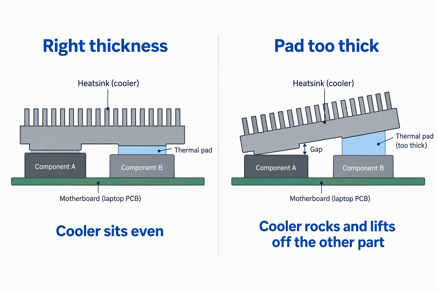 Two side views of a heatsink over two components, one sitting level with a thin pad and one tilted and lifted by a pad that is too thick.