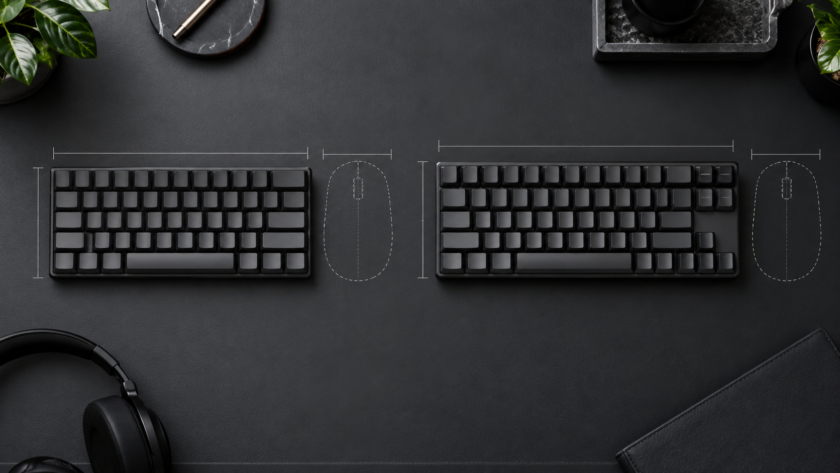 Two compact keyboard layouts beside mouse-space outlines, showing the difference in desk width.