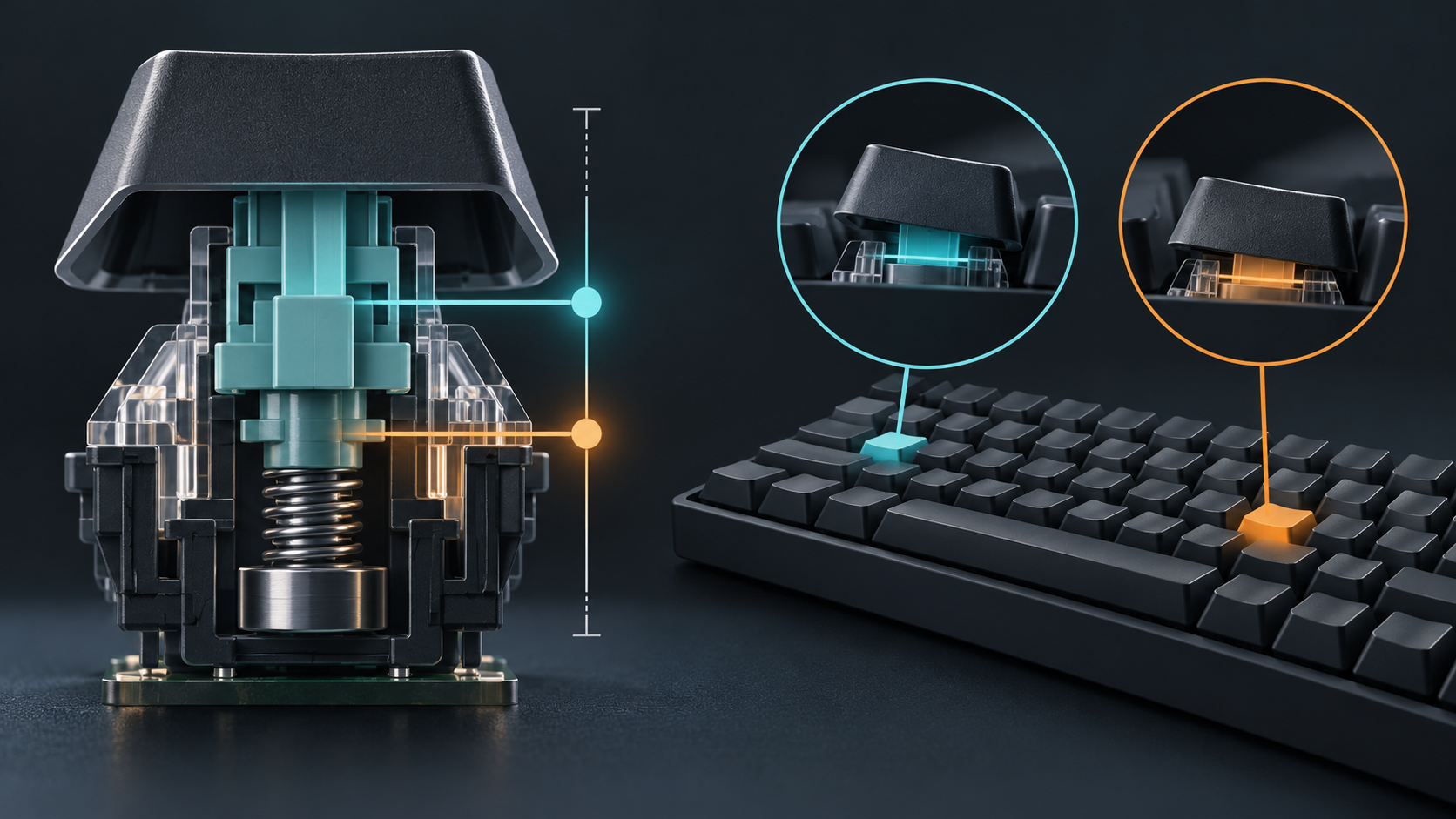 Cutaway of a magnetic keyboard switch showing shallow and deeper key travel positions beside a compact keyboard.