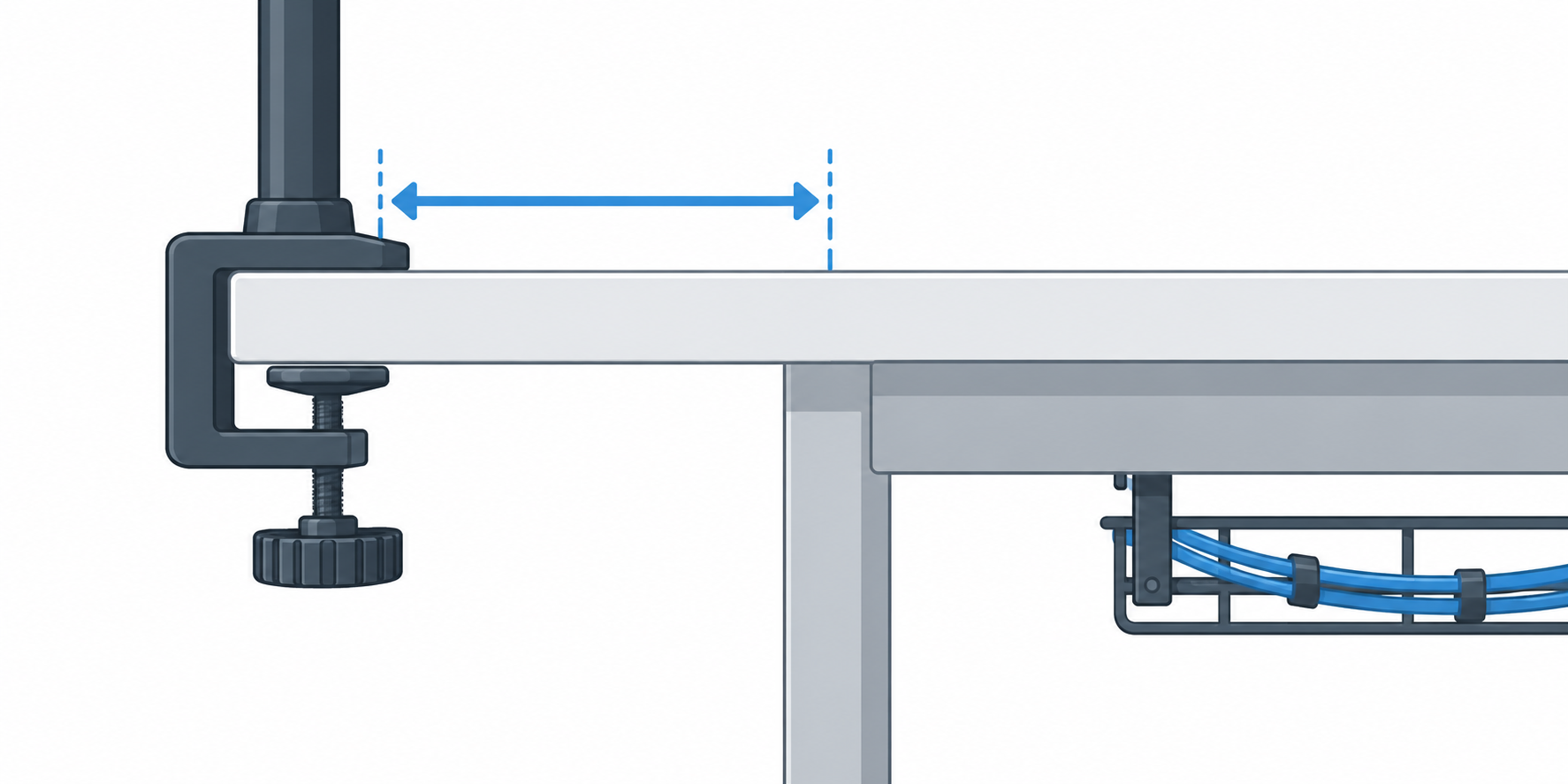 Diagram of a desk clamp using a clear desk edge beside a cable tray.